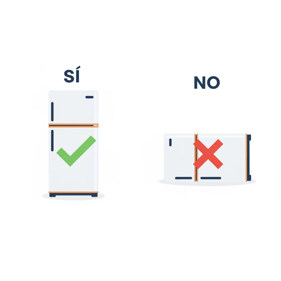 Cómo transportar una heladera: parada (correcto) vs acostada (incorrecto)
