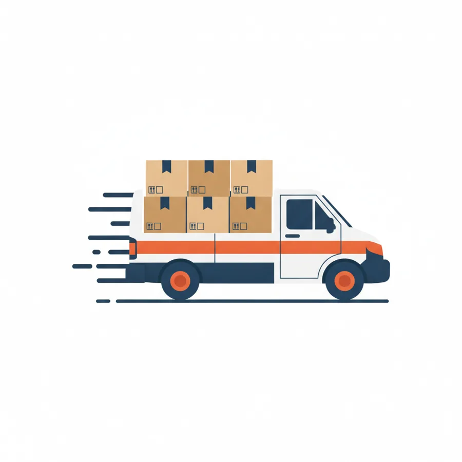 Camioneta de flete cargada con cajas en movimiento