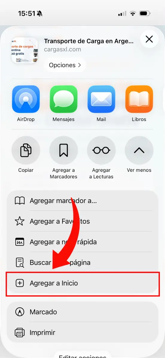 Paso 4: Elegí “Agregar a Inicio”